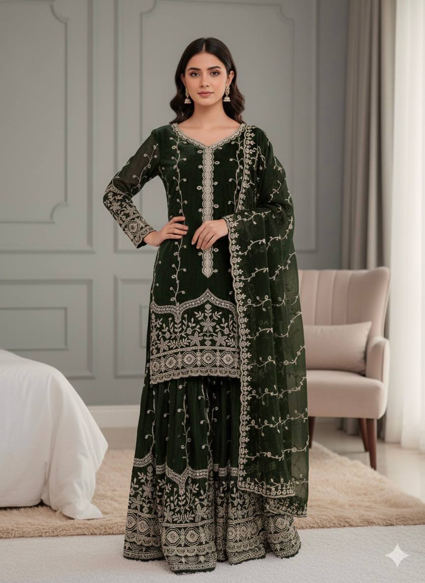 Mehndi pure fendy silk with embroidery sequence work top-bottom and dupatta