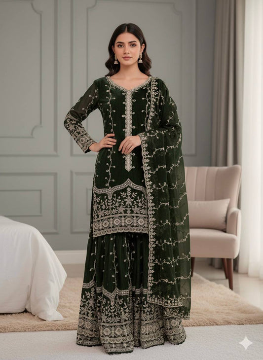 Mehndi pure fendy silk with embroidery sequence work top-bottom and dupatta