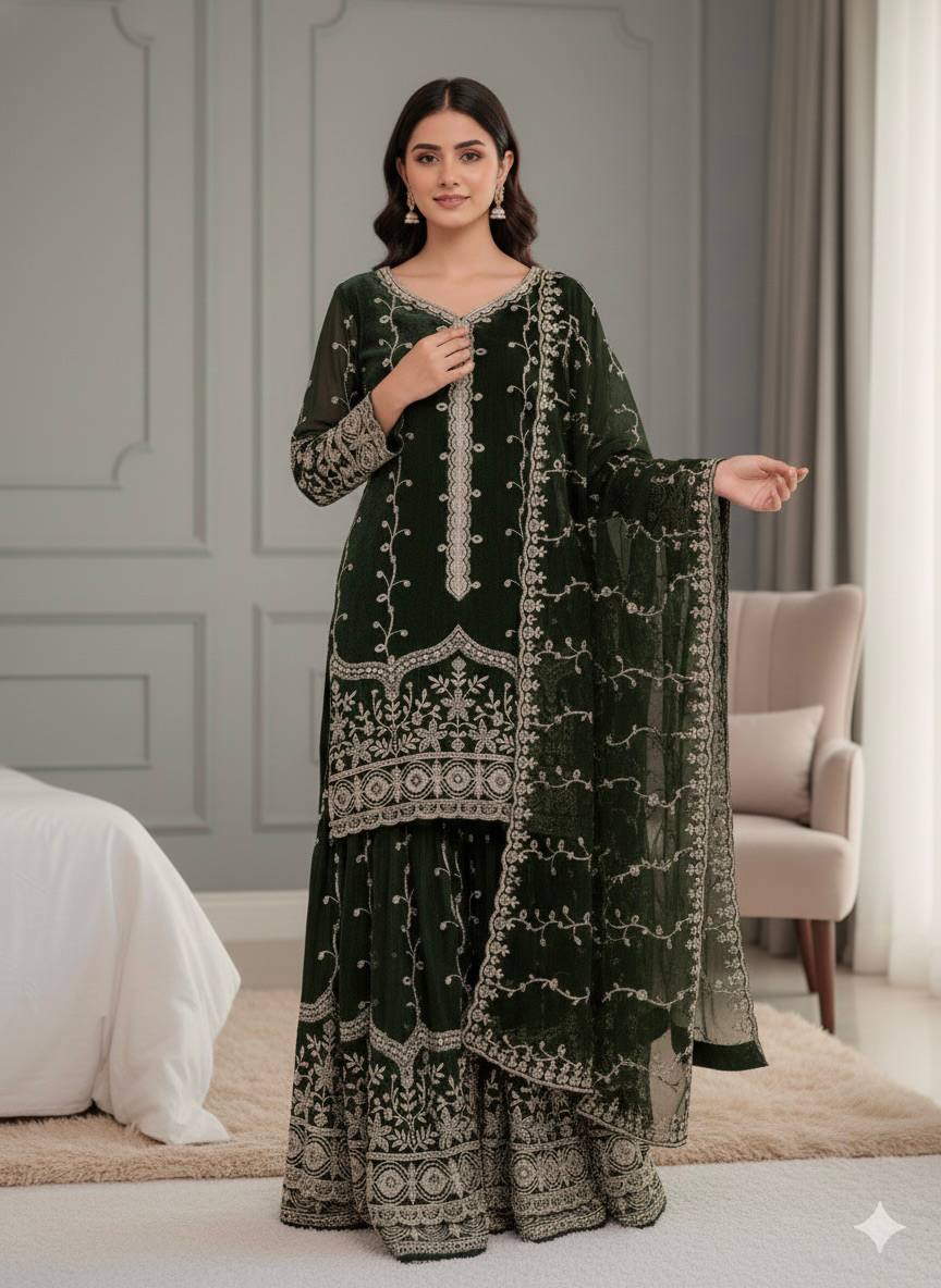 Mehndi pure fendy silk with embroidery sequence work top-bottom and dupatta