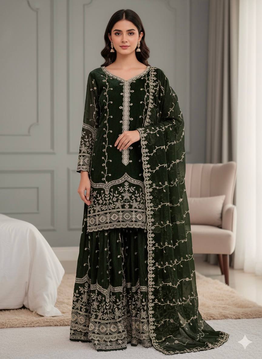 Mehndi pure fendy silk with embroidery sequence work top-bottom and dupatta