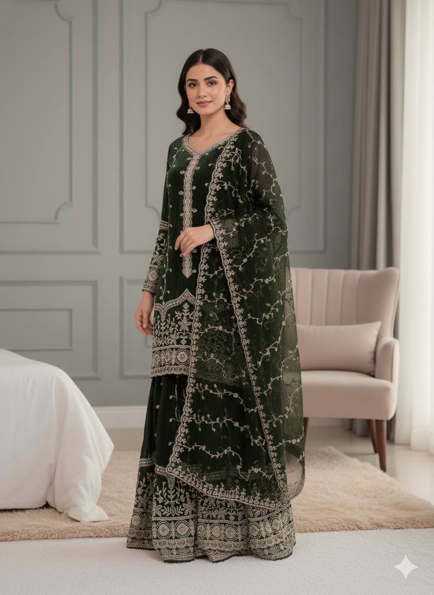 Mehndi pure fendy silk with embroidery sequence work top-bottom and dupatta