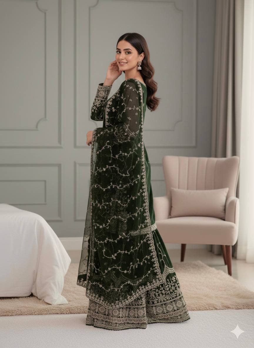 Mehndi pure fendy silk with embroidery sequence work top-bottom and dupatta