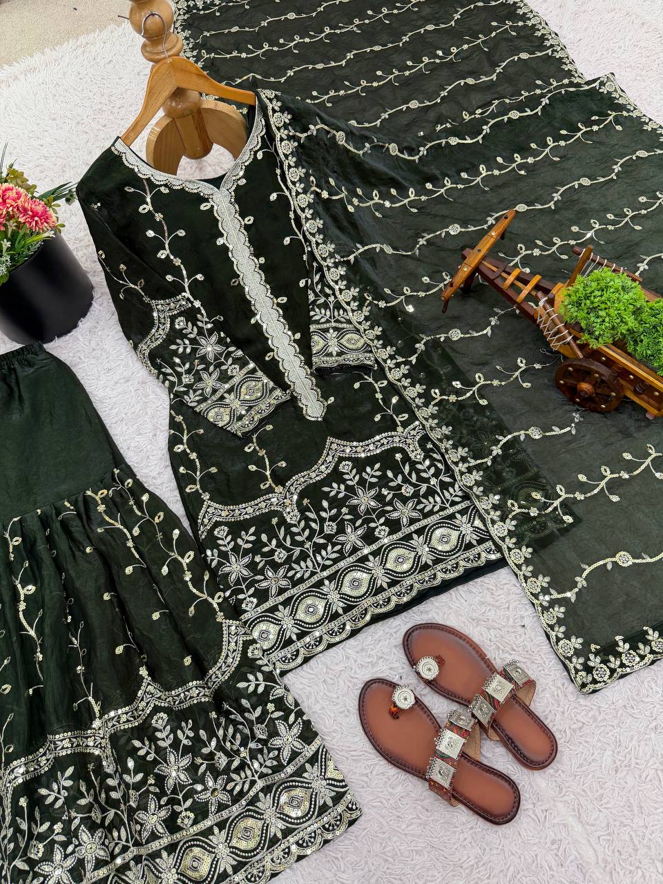 Mehndi pure fendy silk with embroidery sequence work top-bottom and dupatta