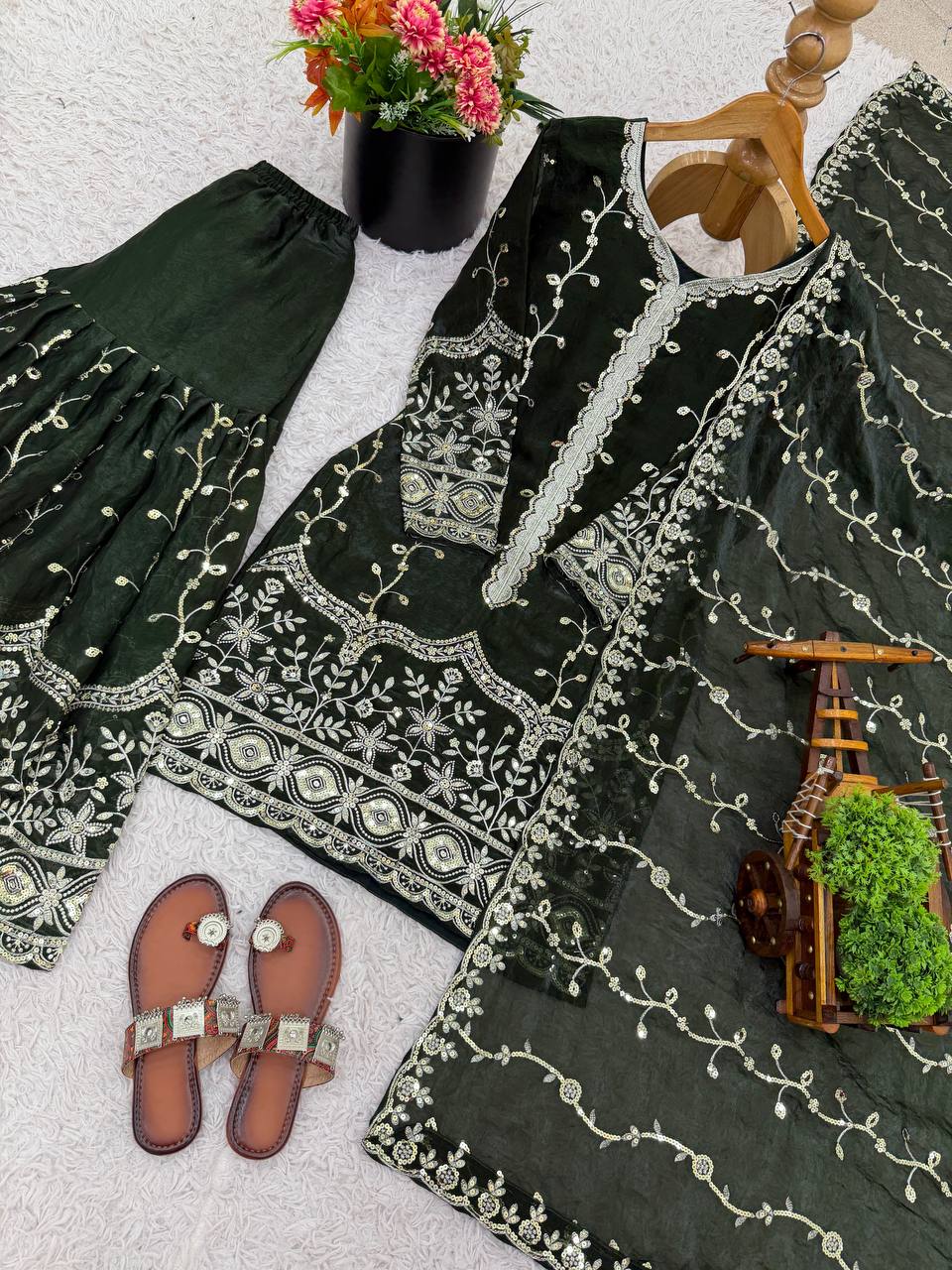 Mehndi pure fendy silk with embroidery sequence work top-bottom and dupatta