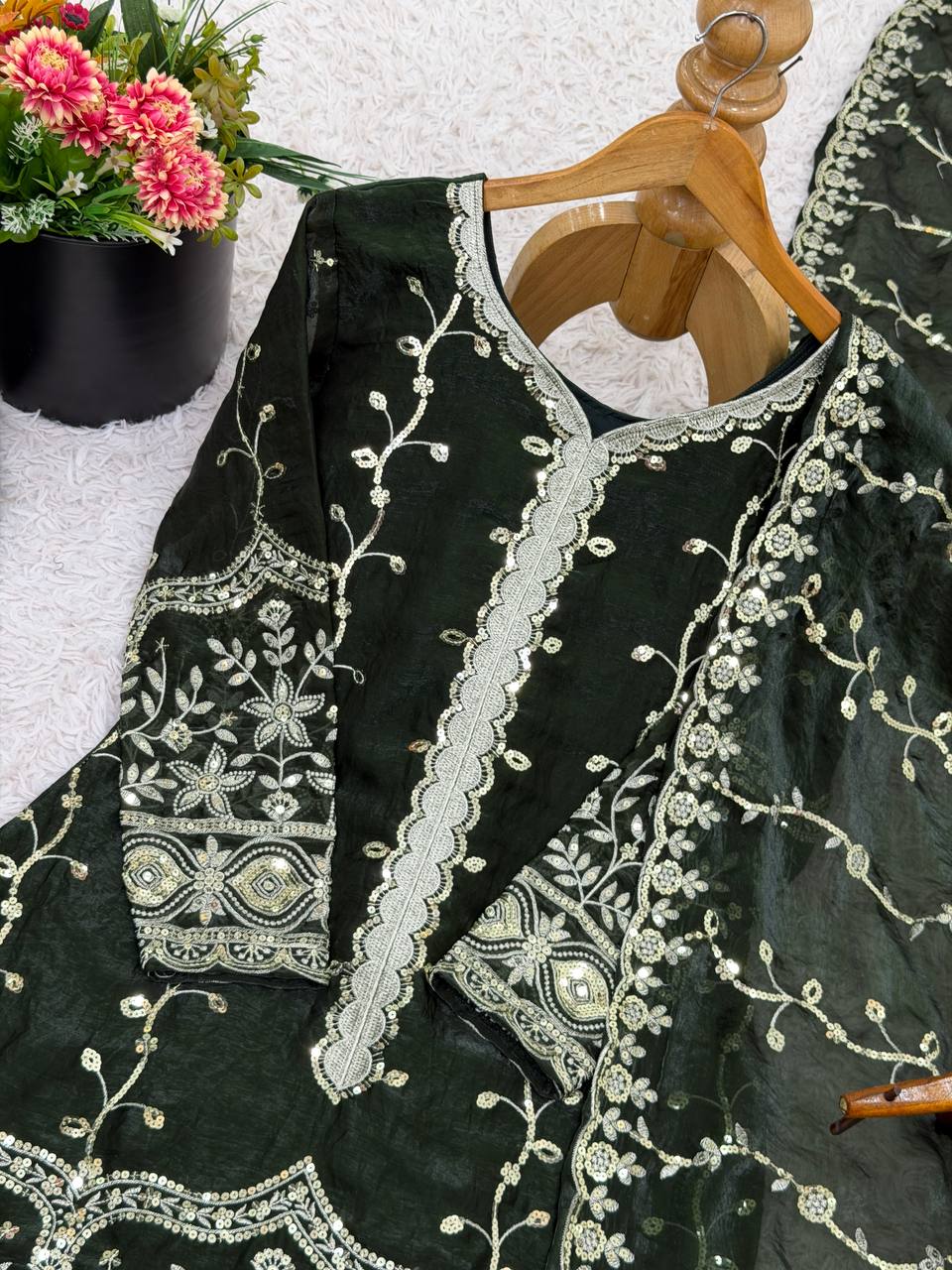 Mehndi pure fendy silk with embroidery sequence work top-bottom and dupatta