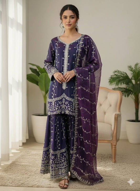 Purple pure fendy silk with embroidery sequence work top-bottom and dupatta