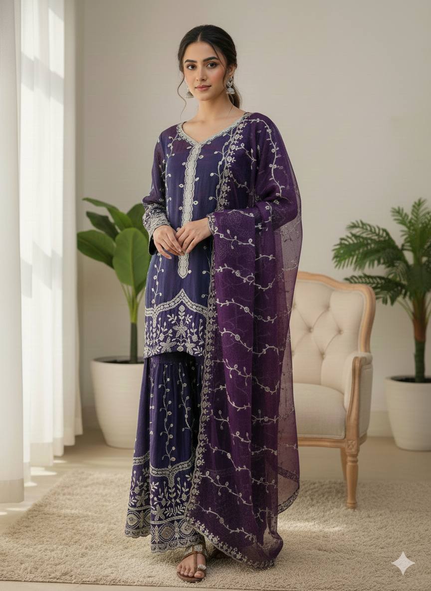 Purple pure fendy silk with embroidery sequence work top-bottom and dupatta