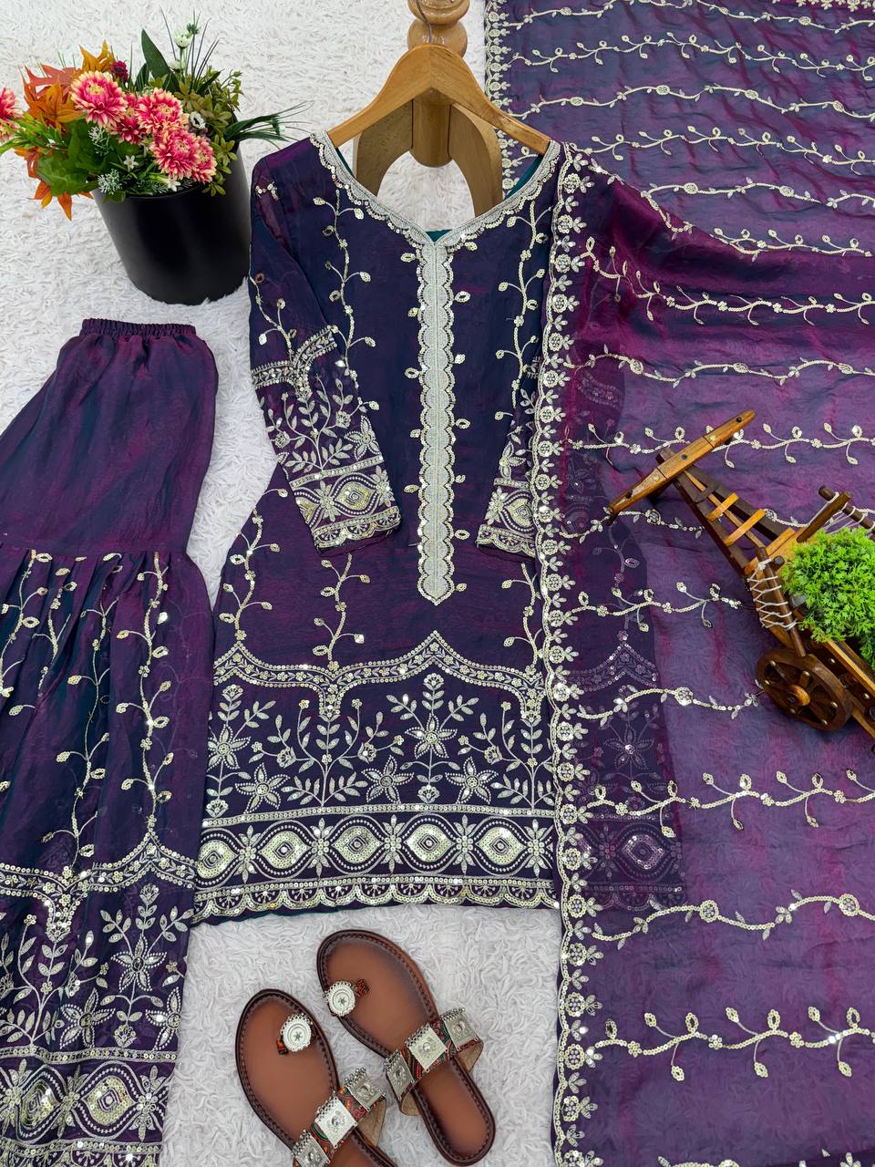 Purple pure fendy silk with embroidery sequence work top-bottom and dupatta