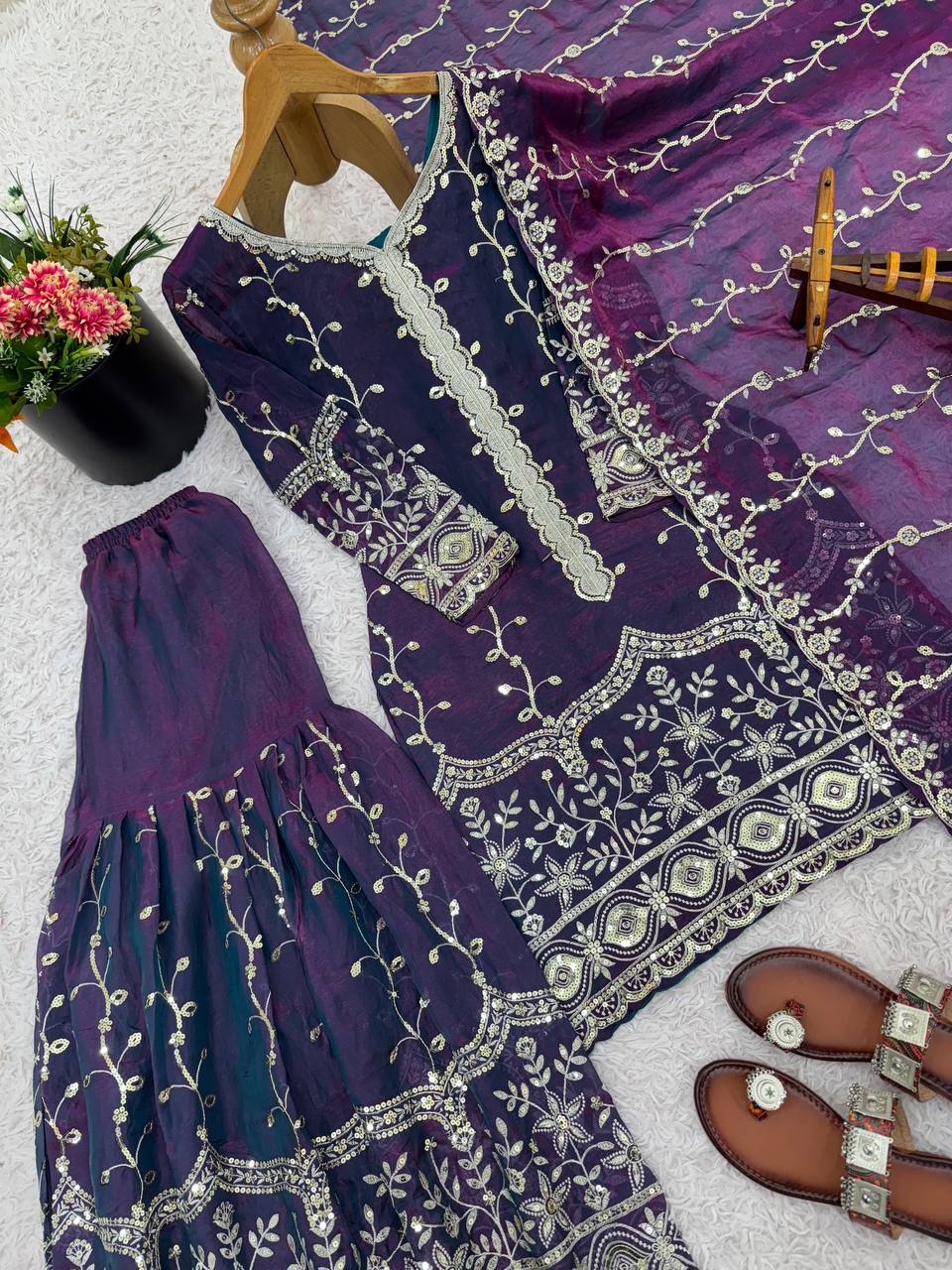 Purple pure fendy silk with embroidery sequence work top-bottom and dupatta