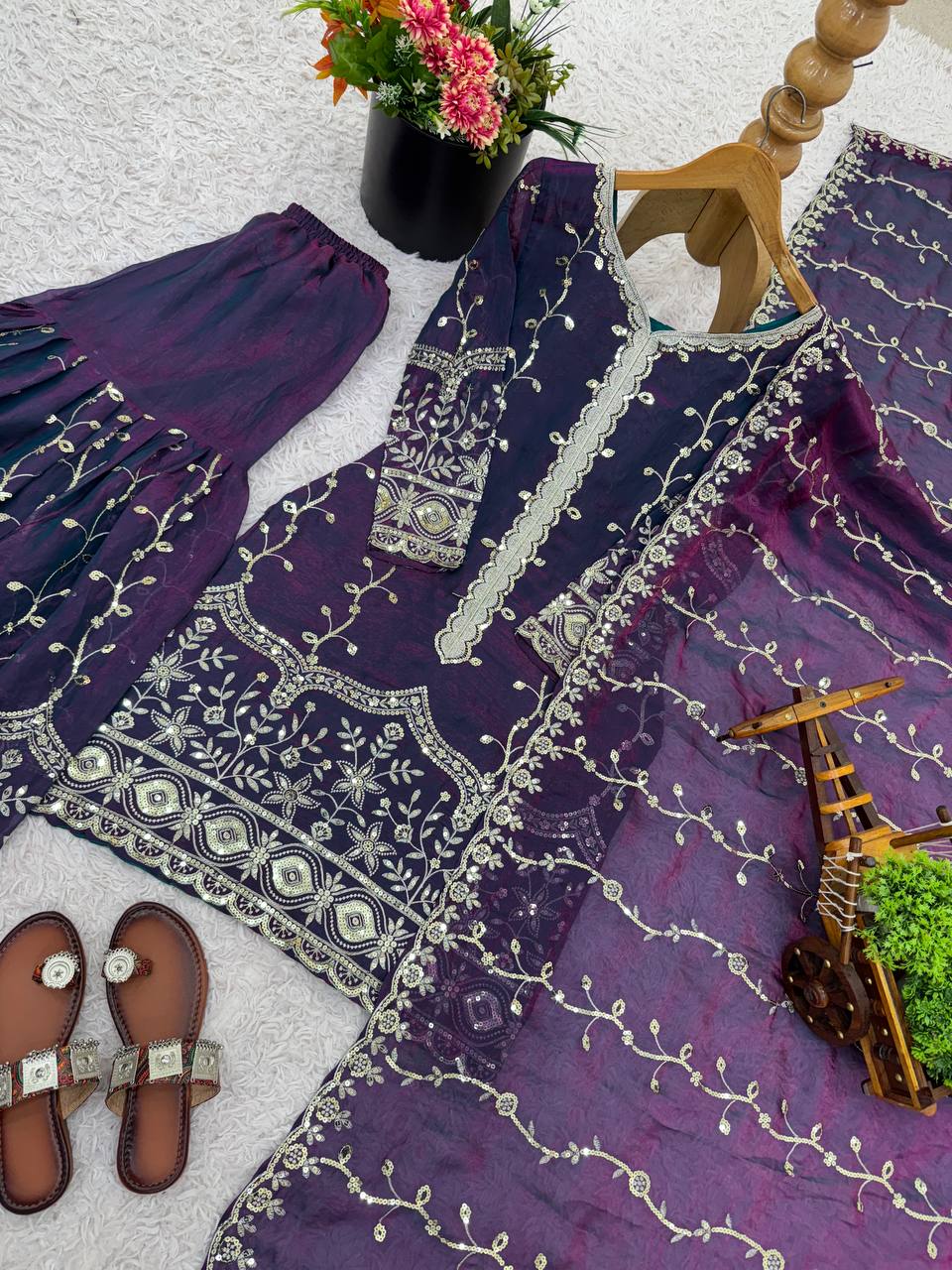 Purple pure fendy silk with embroidery sequence work top-bottom and dupatta
