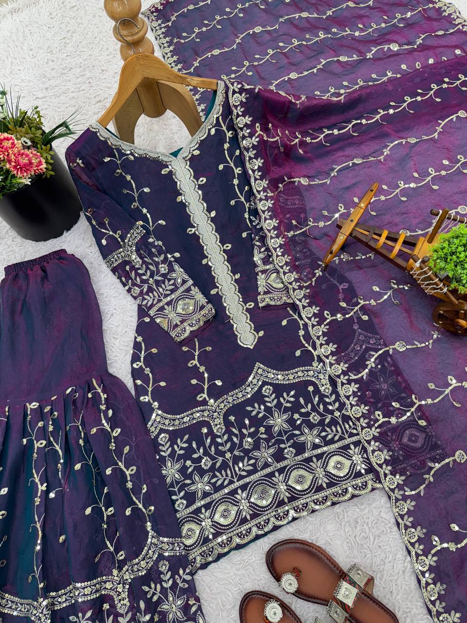 Purple pure fendy silk with embroidery sequence work top-bottom and dupatta
