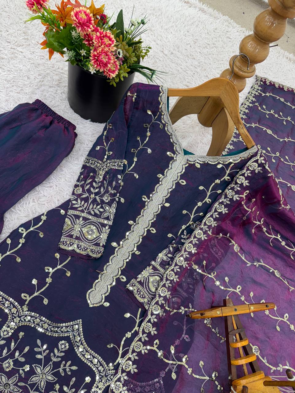 Purple pure fendy silk with embroidery sequence work top-bottom and dupatta