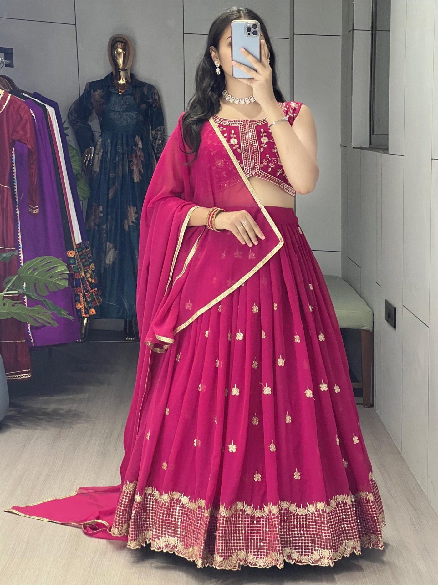 Pink georgette Embroidered lehenga choli set