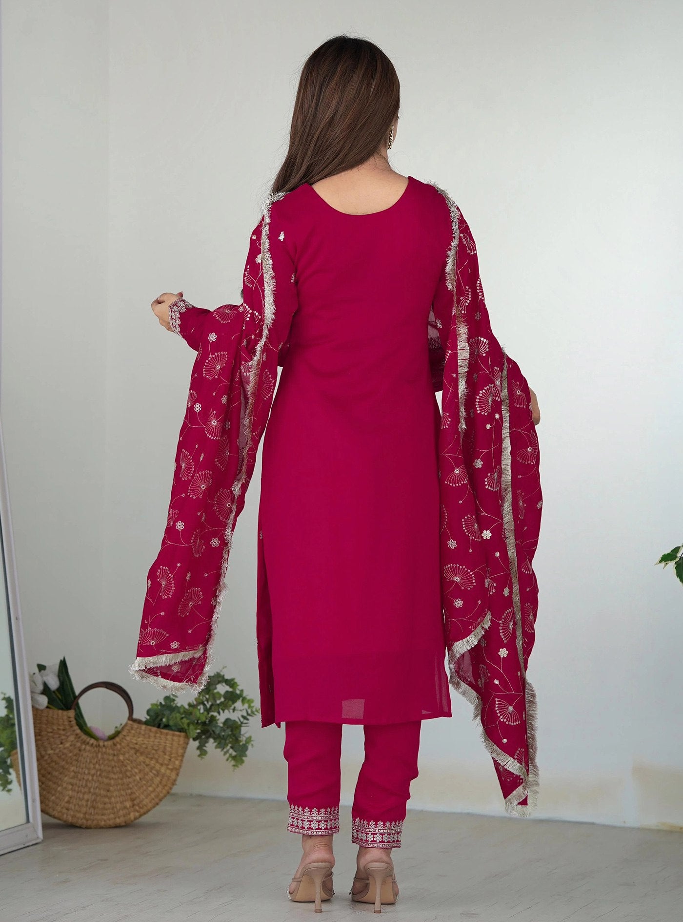 Pink georgette embroidered work Kurta Pant Dupatta Set