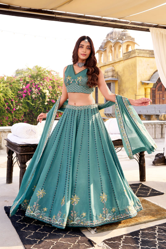 Green chocolate crush embroidery work lehenga choli