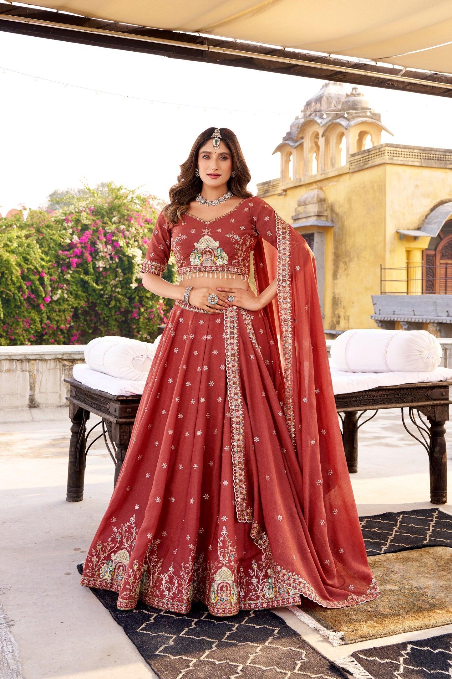 Red chocolate crush embroidery work lehenga choli