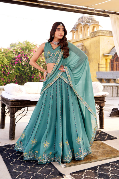 Green chocolate crush embroidery work lehenga choli