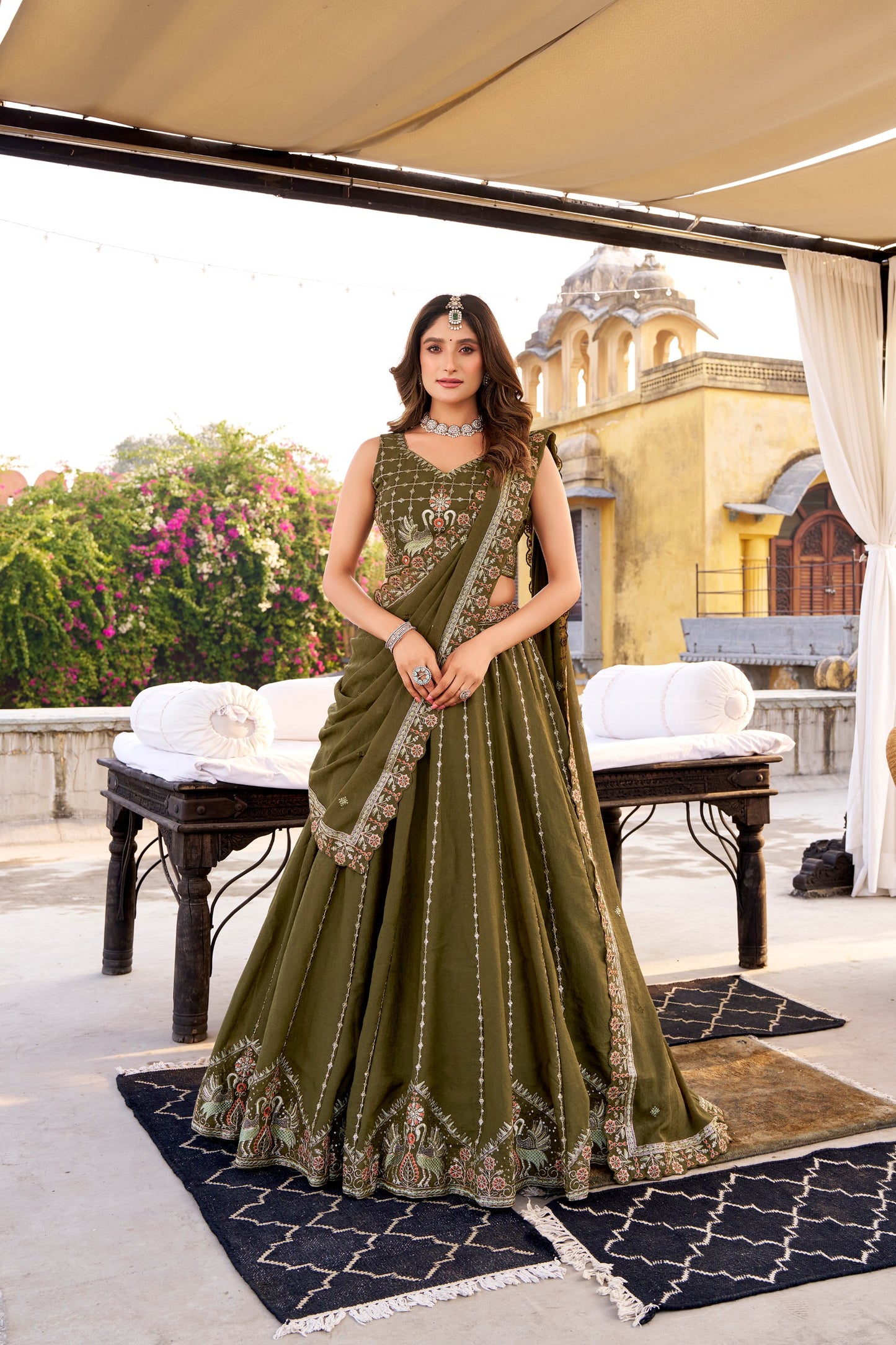Mehndi chocolate crush embroidery work lehenga choli
