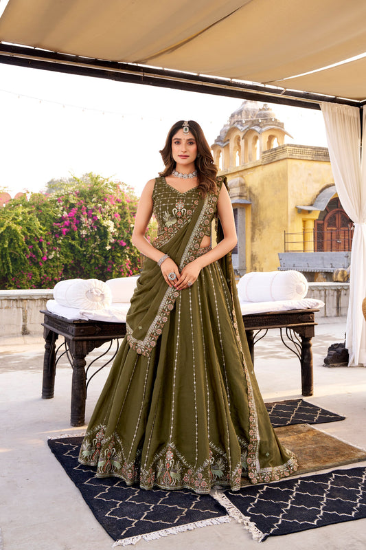Mehndi chocolate crush embroidery work lehenga choli