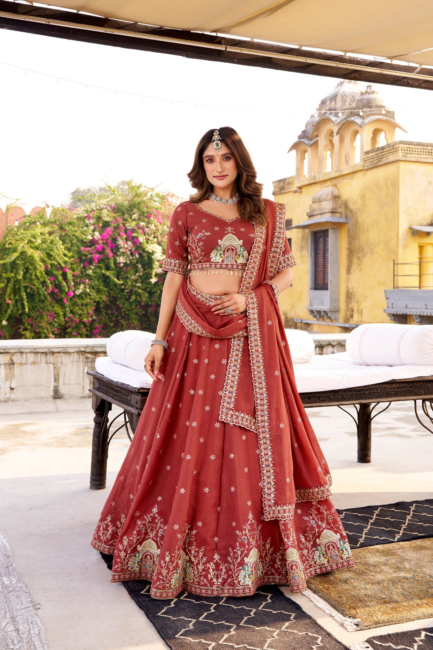 Red chocolate crush embroidery work lehenga choli