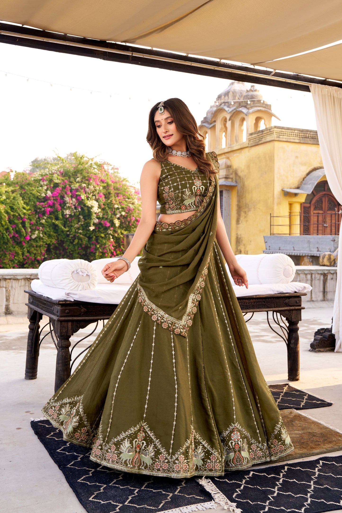 Mehndi chocolate crush embroidery work lehenga choli