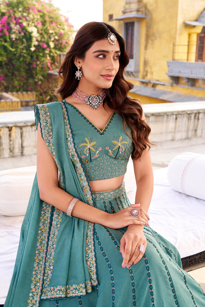 Green chocolate crush embroidery work lehenga choli
