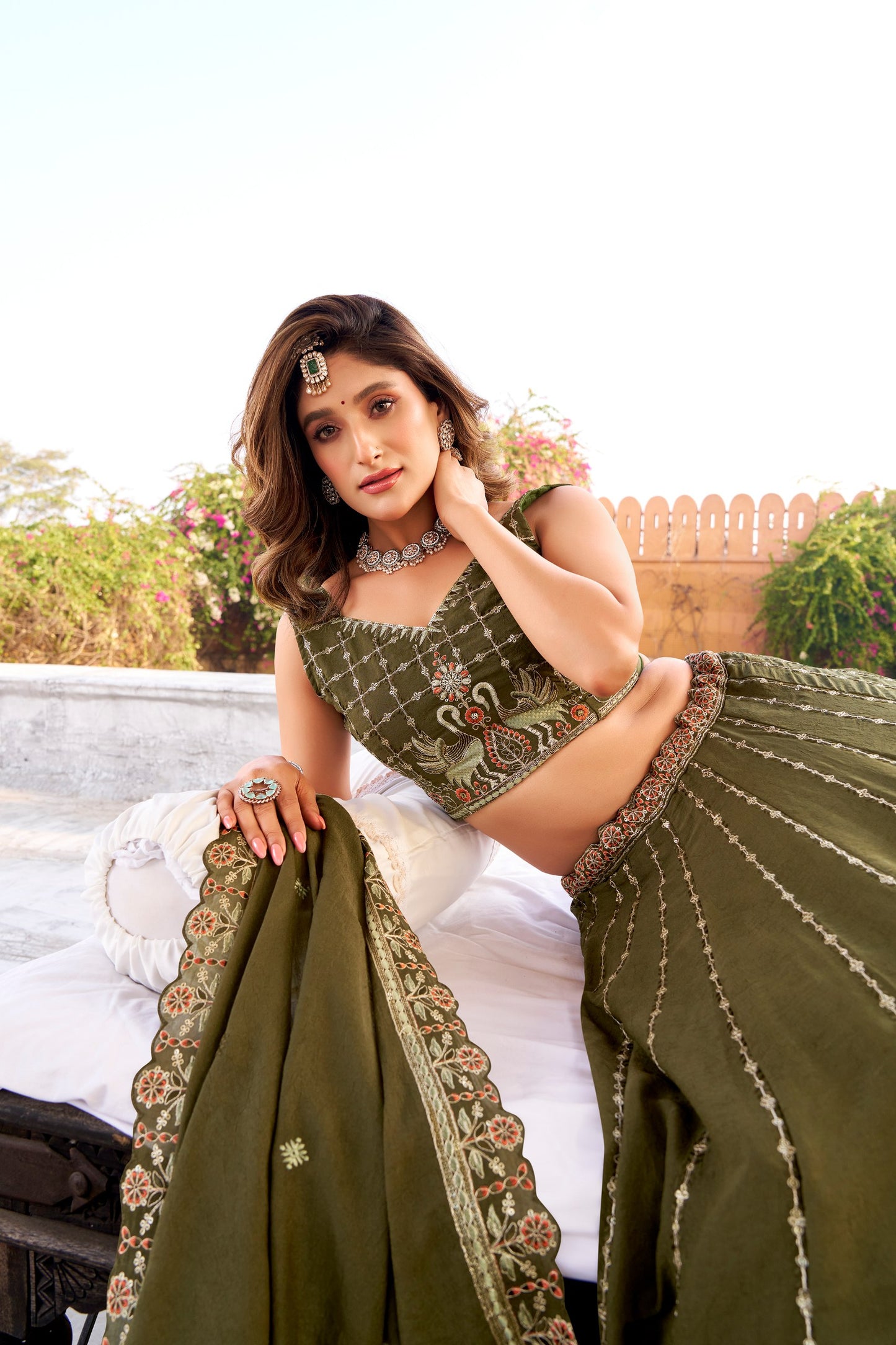 Mehndi chocolate crush embroidery work lehenga choli