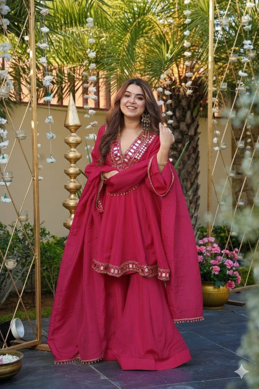 Red cosmos mirror with embroidery work top palazzo and dupatta
