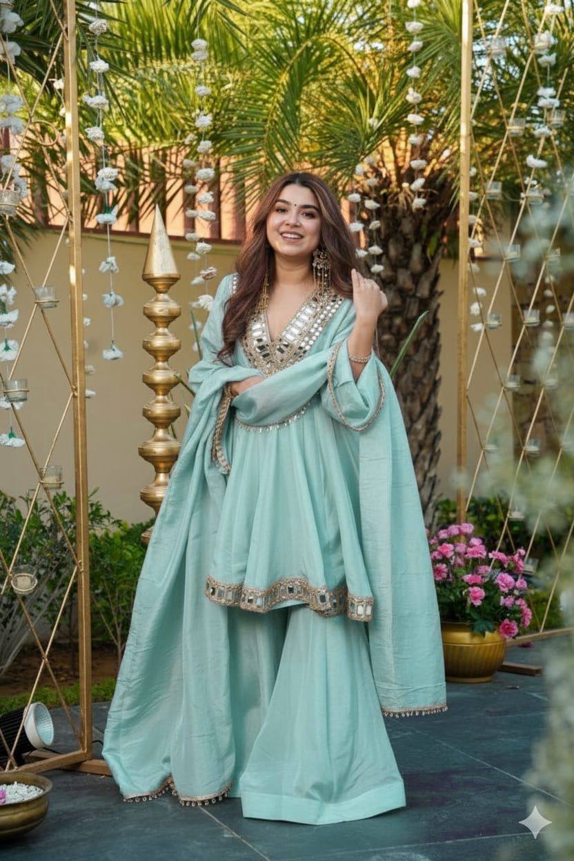 Blue cosmos mirror with embroidery work top palazzo and dupatta