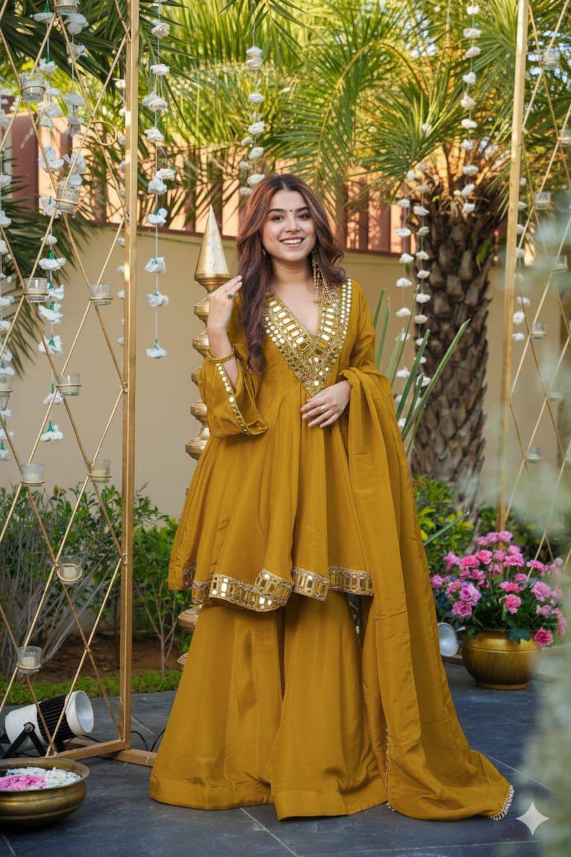 Yellow cosmos mirror with embroidery work top palazzo and dupatta