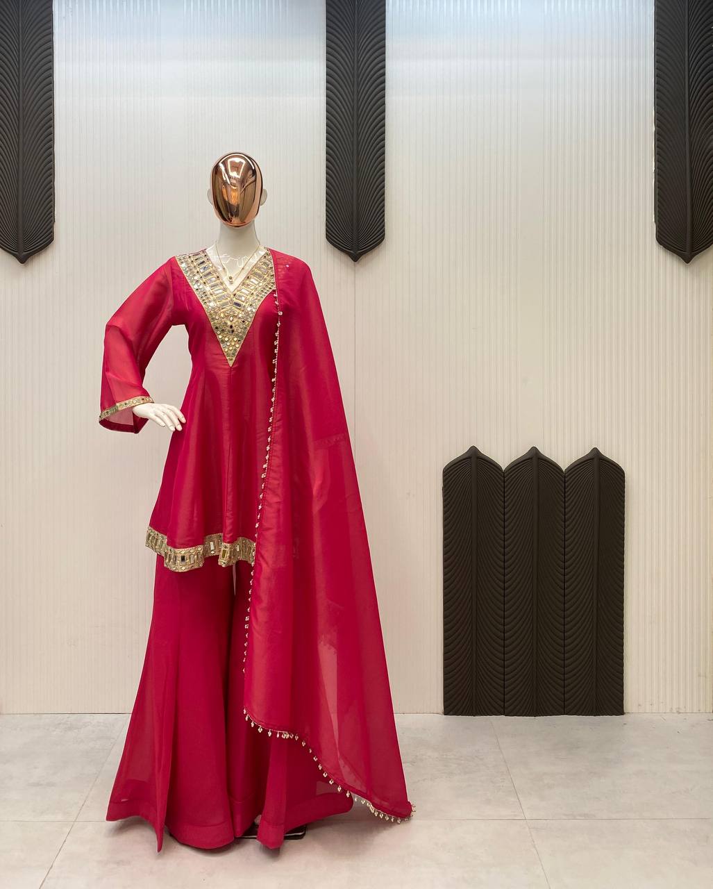 Red cosmos mirror with embroidery work top palazzo and dupatta