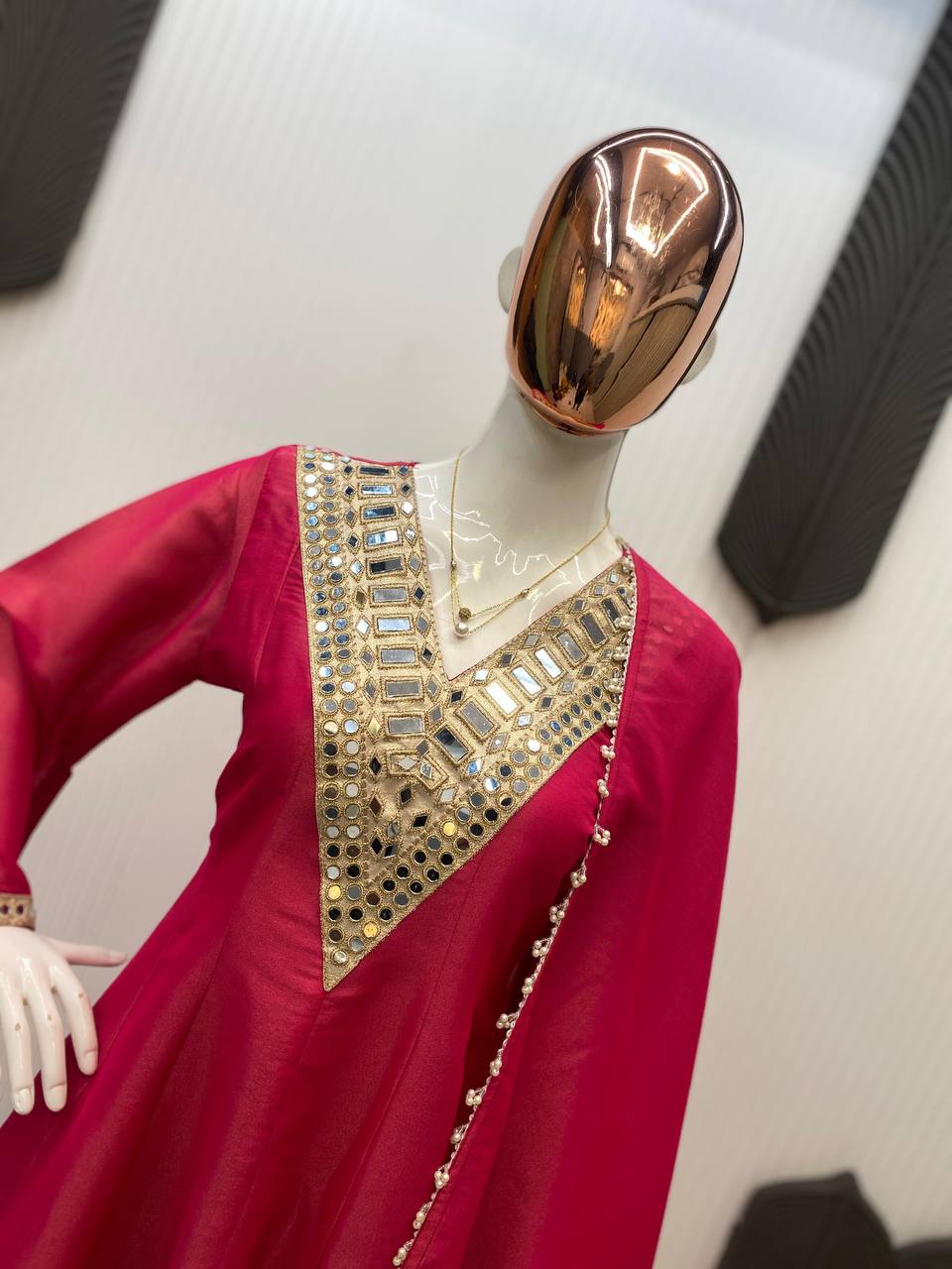 Red cosmos mirror with embroidery work top palazzo and dupatta
