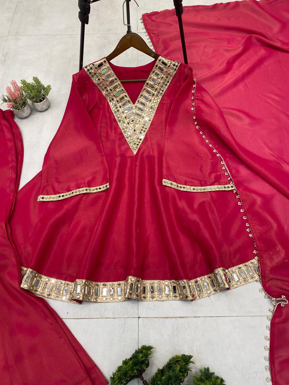 Red cosmos mirror with embroidery work top palazzo and dupatta