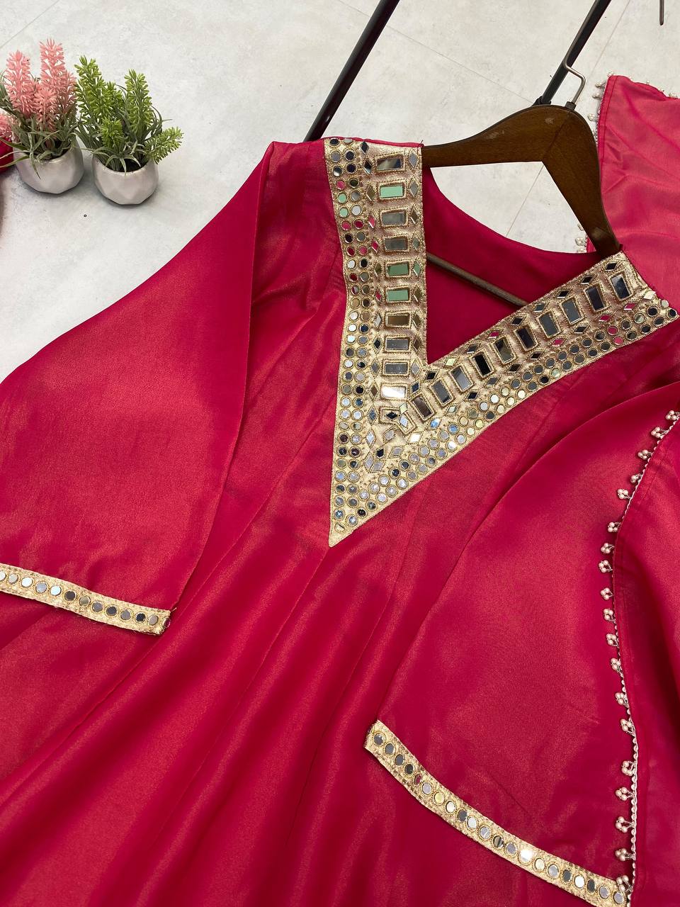Red cosmos mirror with embroidery work top palazzo and dupatta