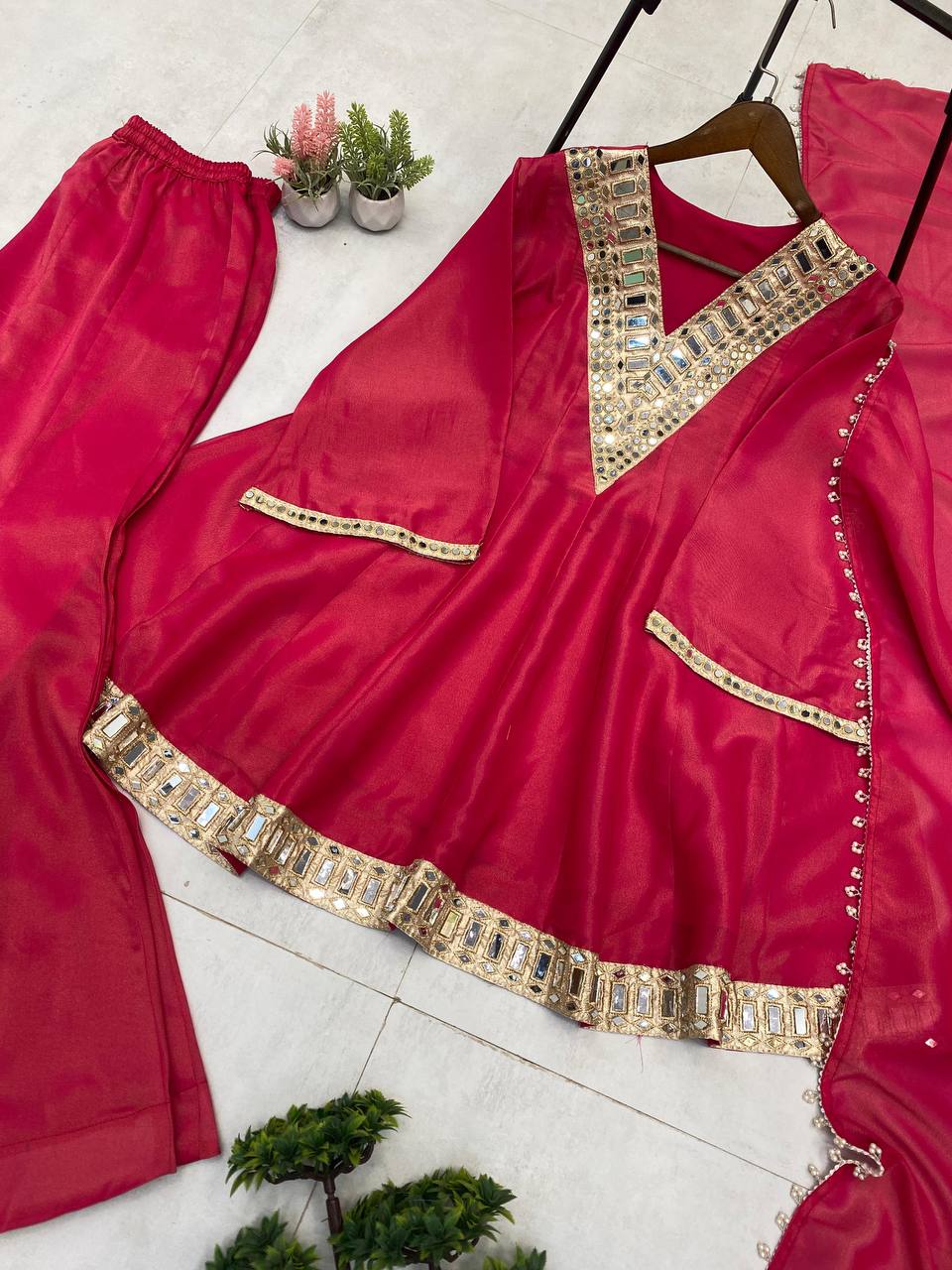 Red cosmos mirror with embroidery work top palazzo and dupatta