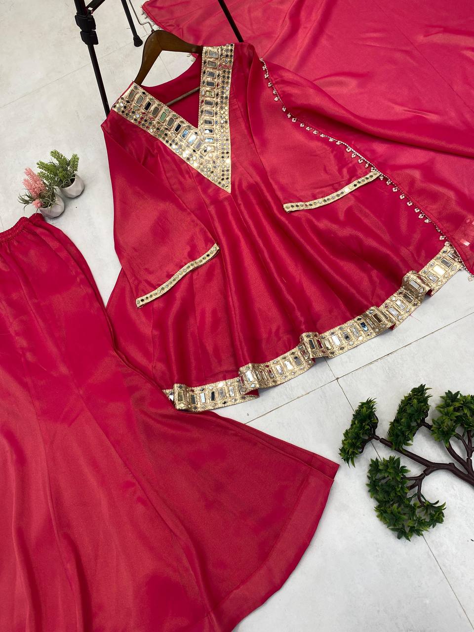 Red cosmos mirror with embroidery work top palazzo and dupatta