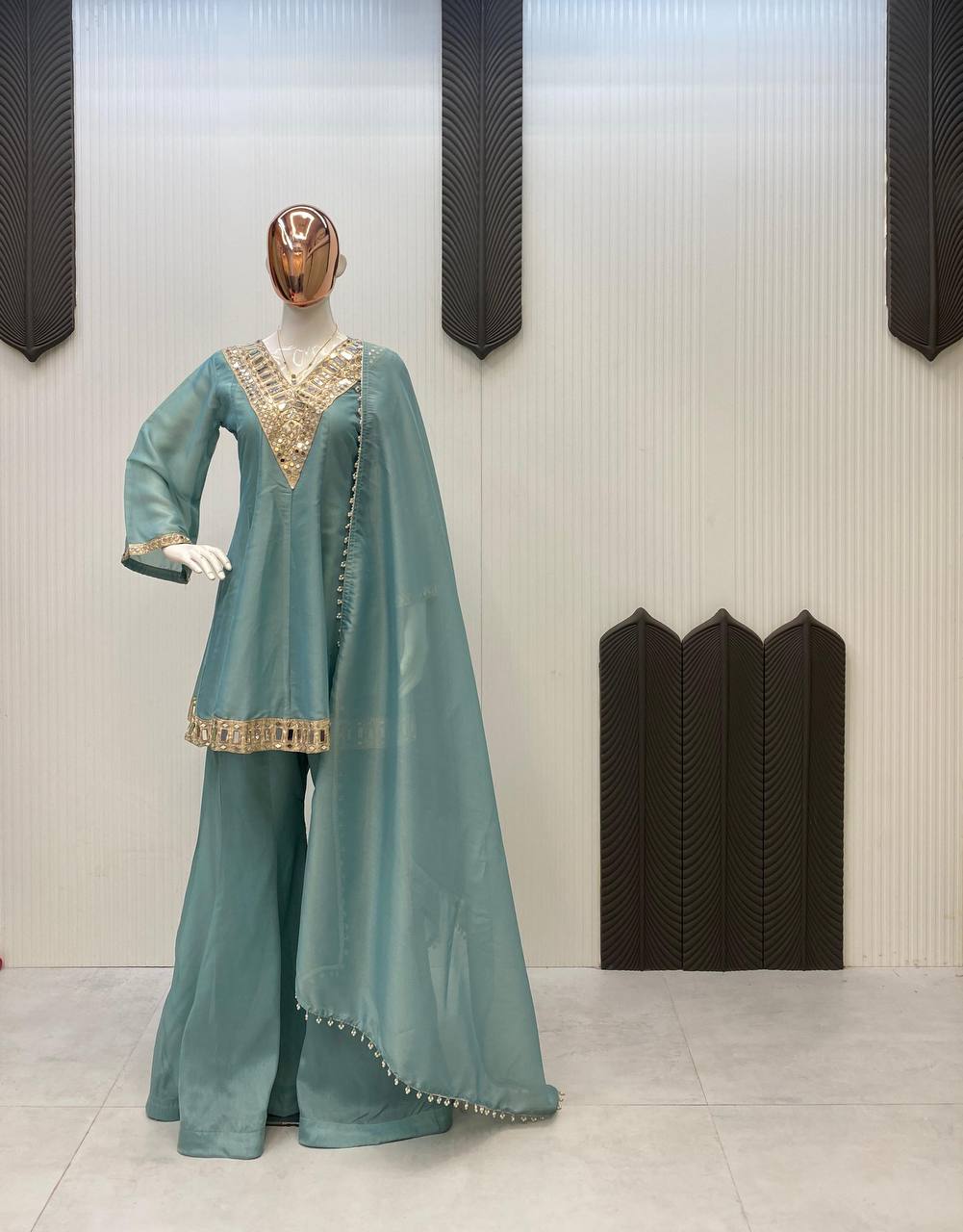 Blue cosmos mirror with embroidery work top palazzo and dupatta