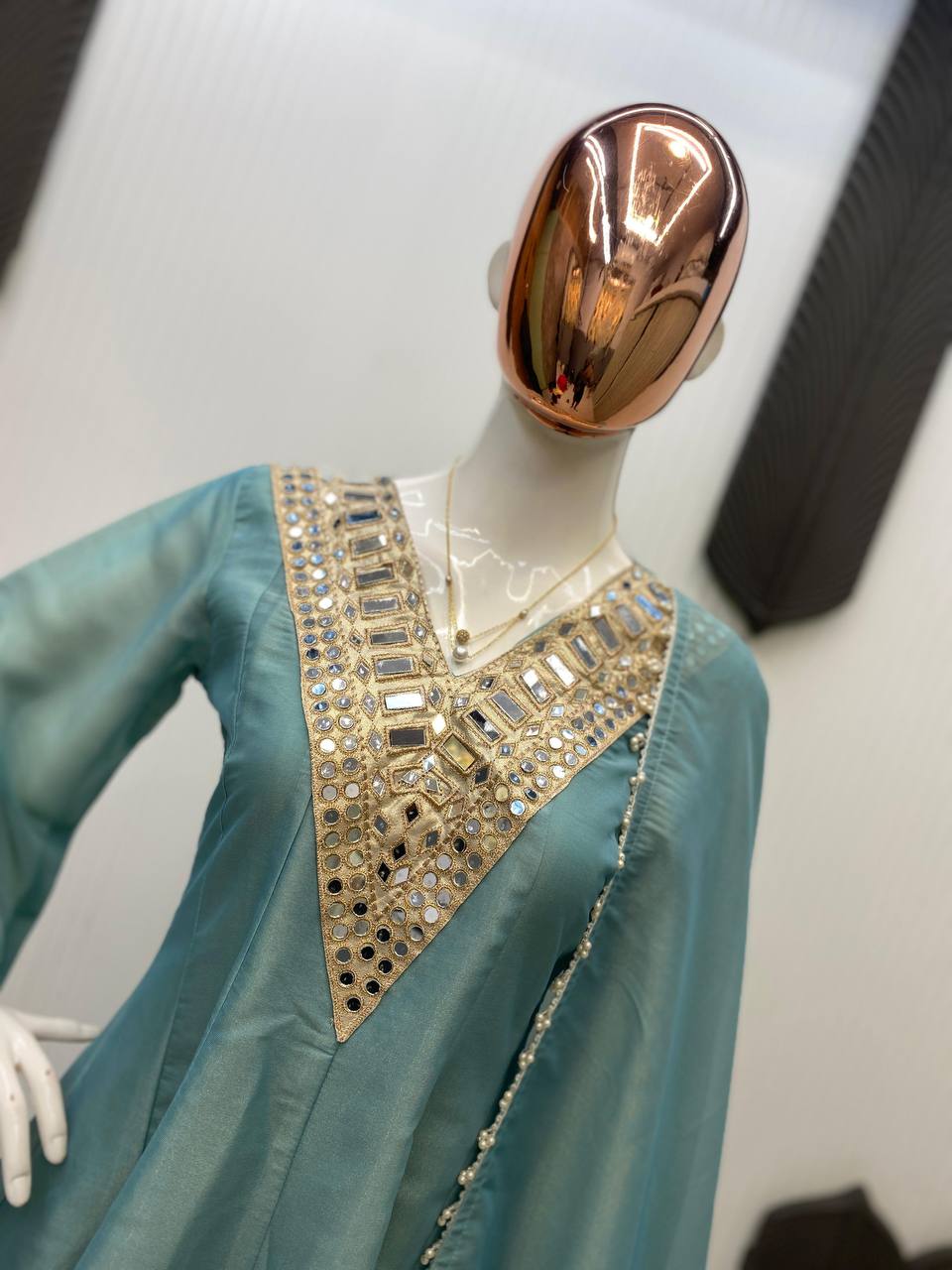 Blue cosmos mirror with embroidery work top palazzo and dupatta