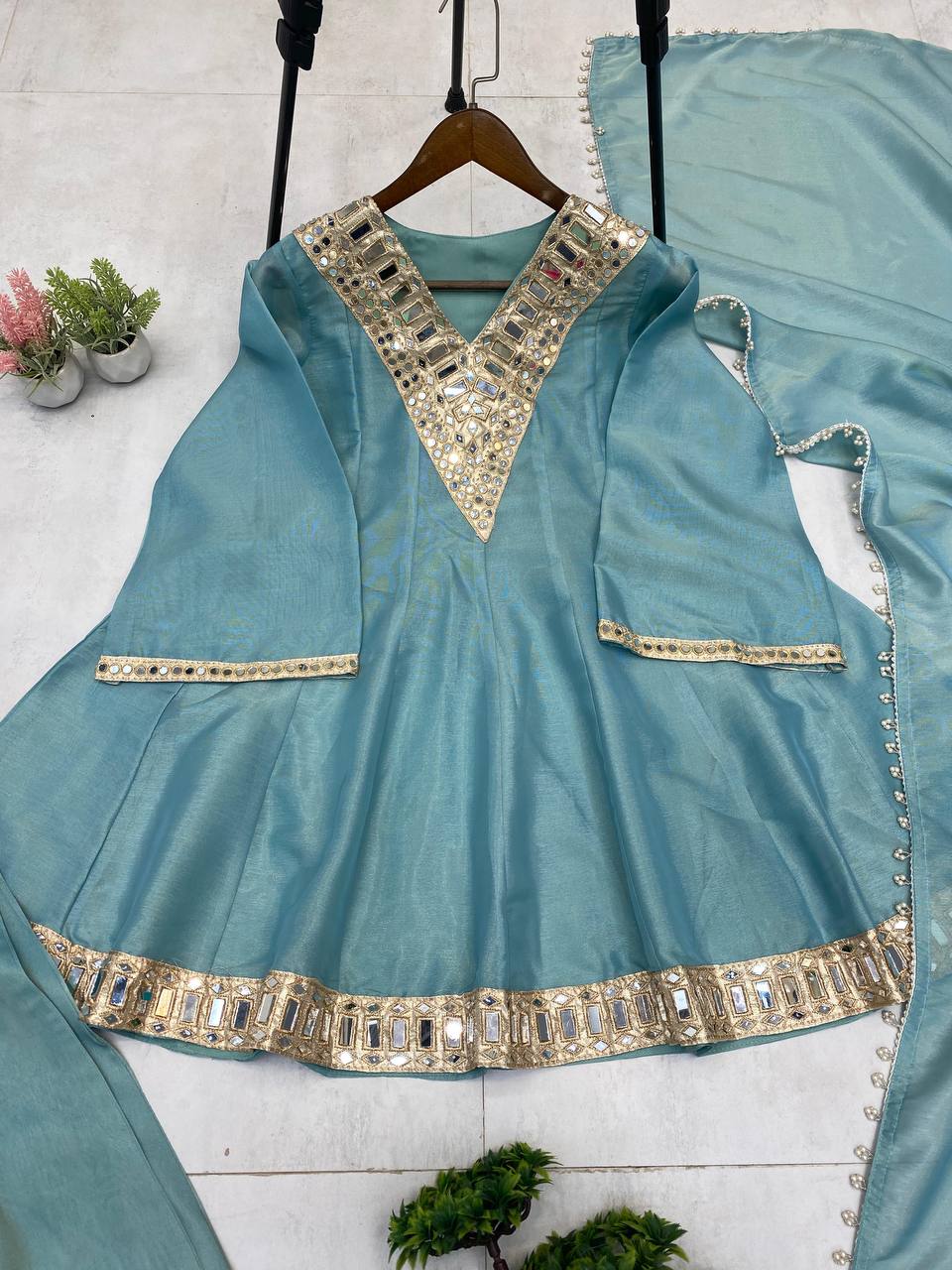 Blue cosmos mirror with embroidery work top palazzo and dupatta