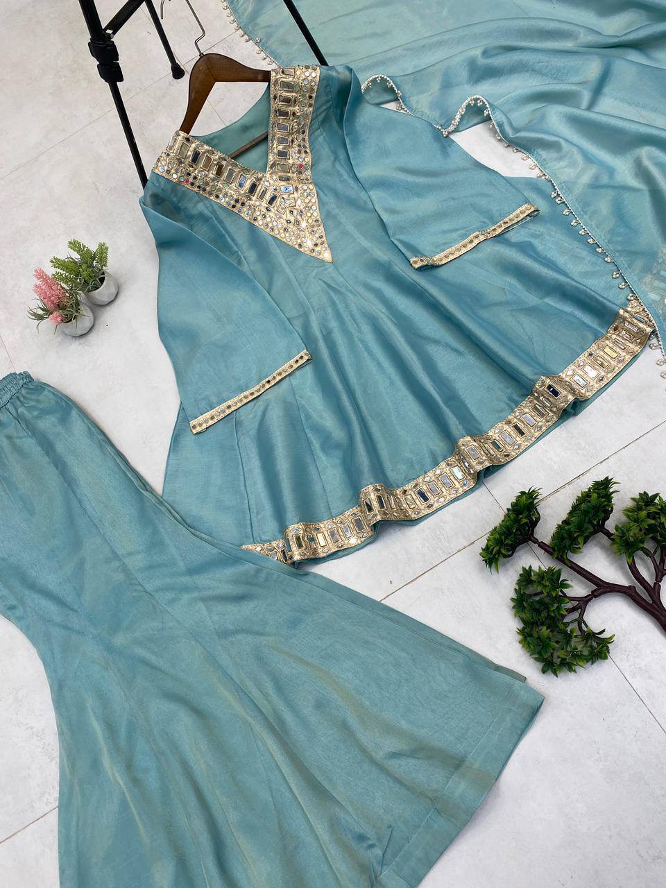 Blue cosmos mirror with embroidery work top palazzo and dupatta