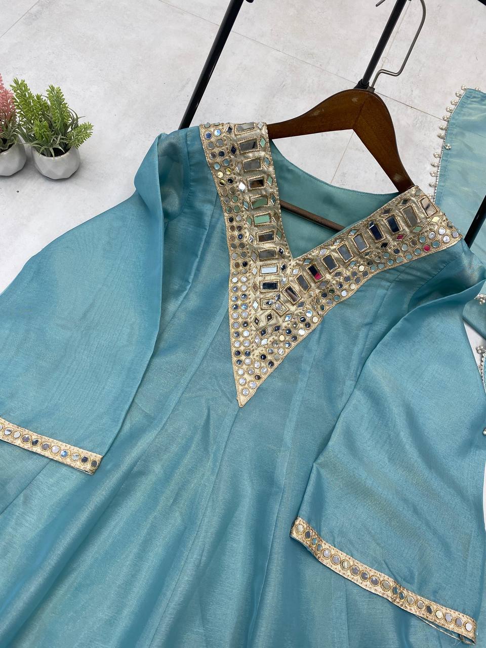 Blue cosmos mirror with embroidery work top palazzo and dupatta