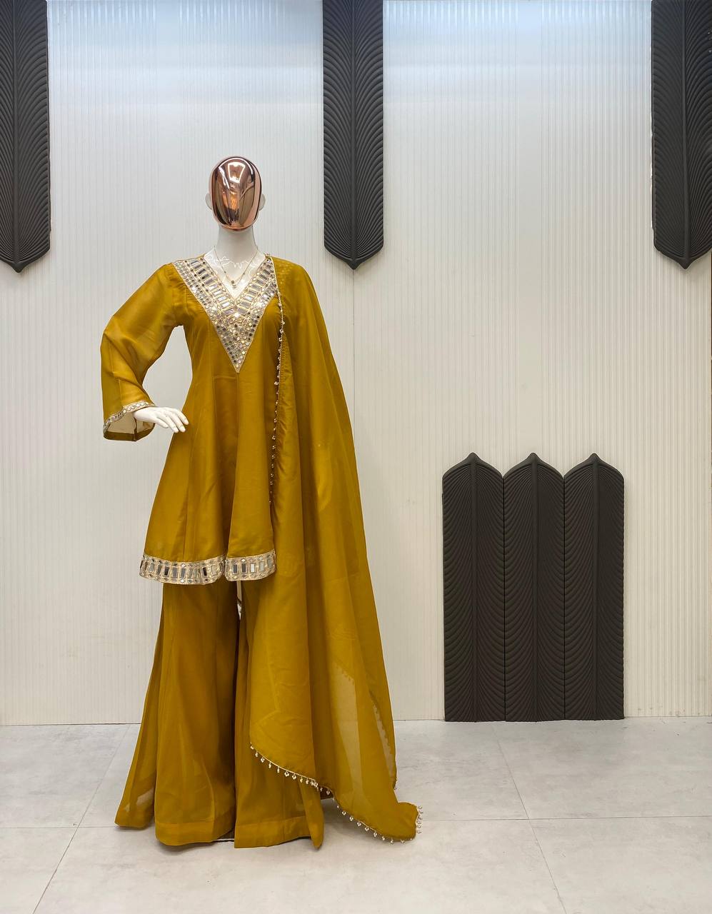 Yellow cosmos mirror with embroidery work top palazzo and dupatta