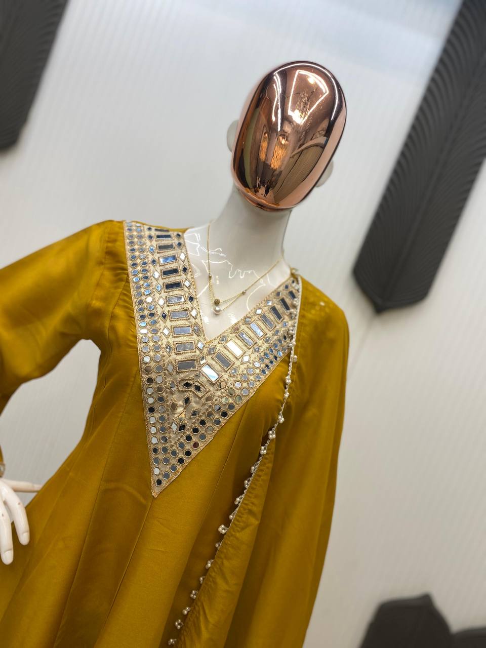 Yellow cosmos mirror with embroidery work top palazzo and dupatta