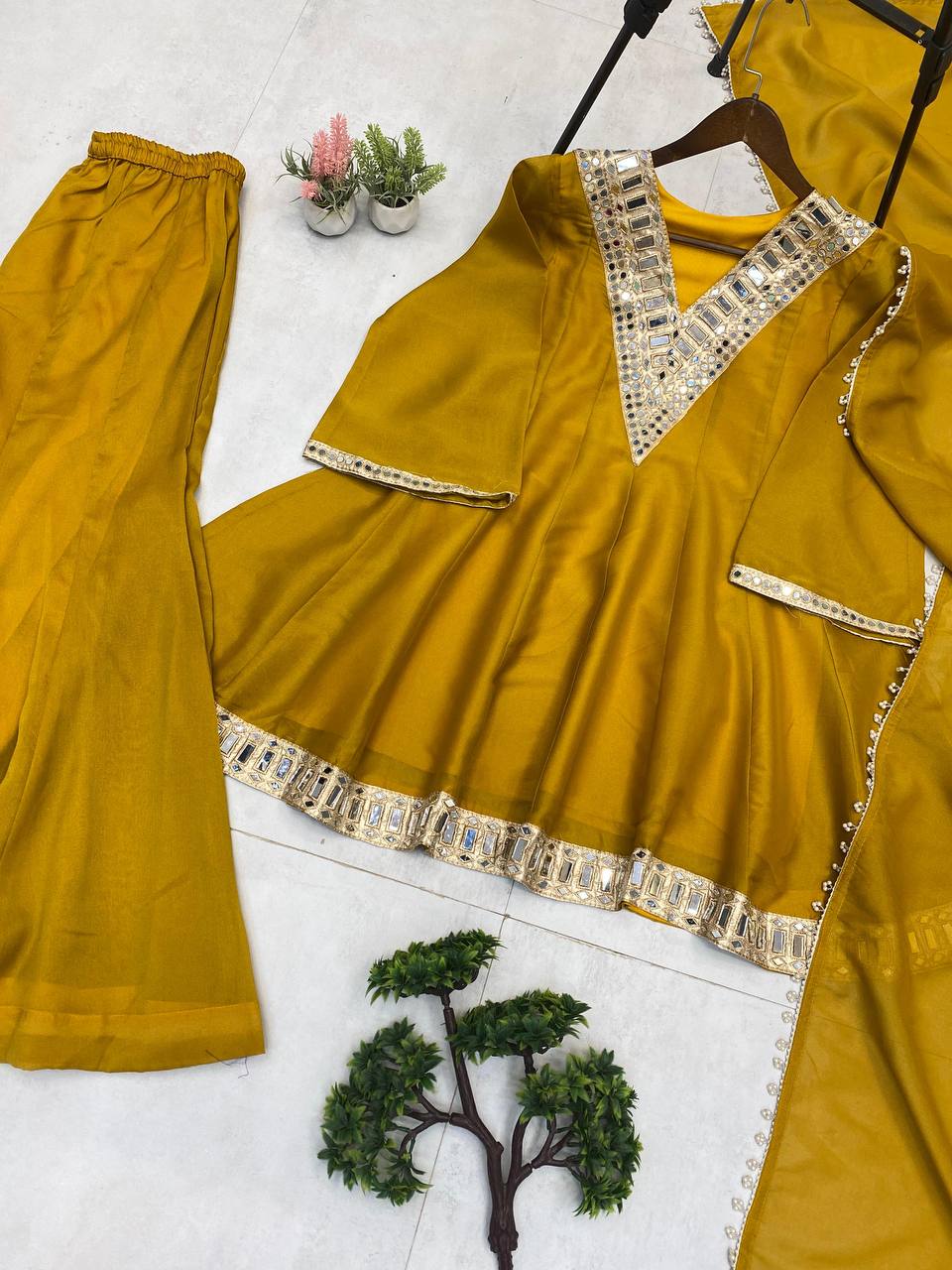 Yellow cosmos mirror with embroidery work top palazzo and dupatta