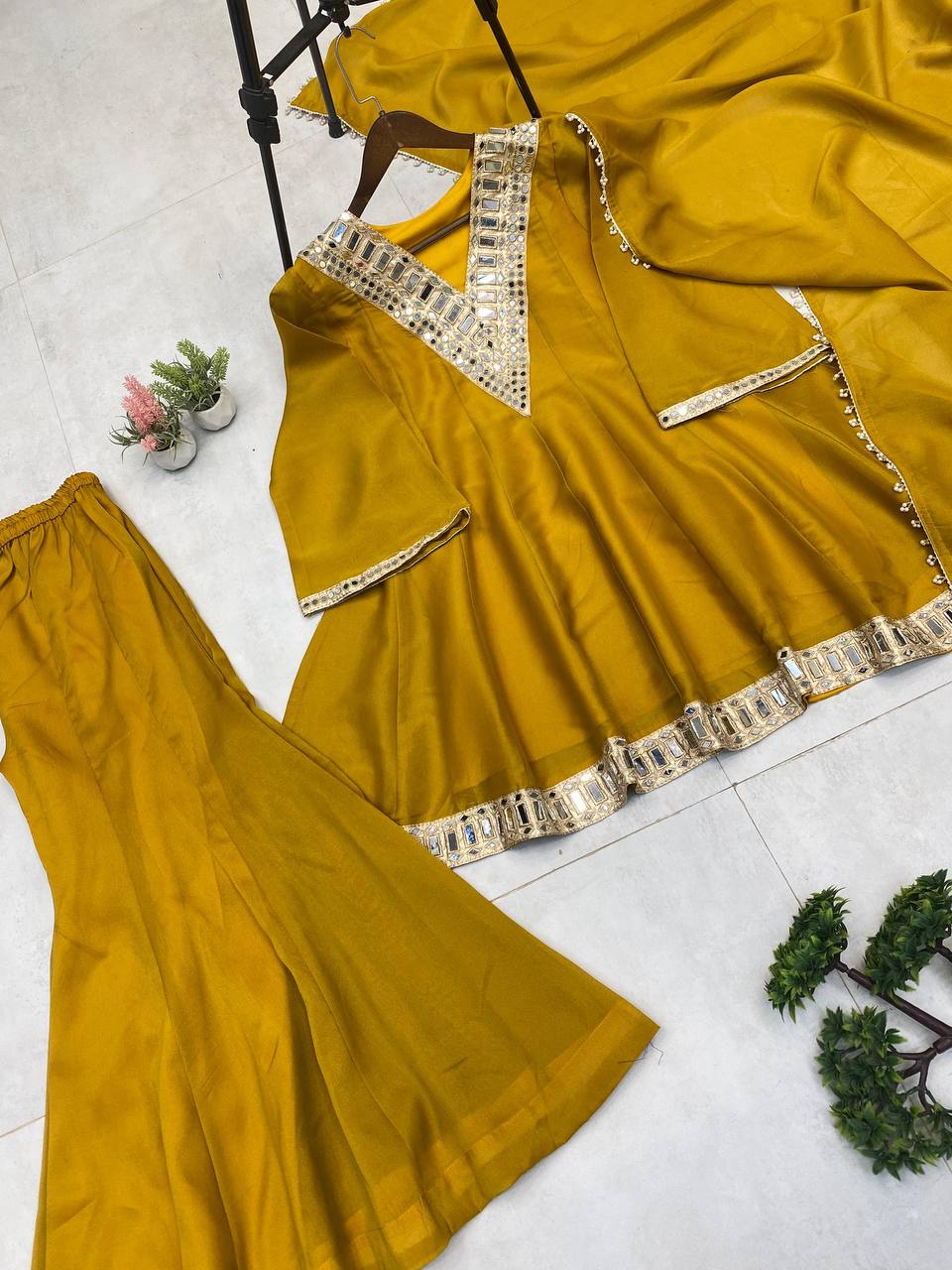Yellow cosmos mirror with embroidery work top palazzo and dupatta