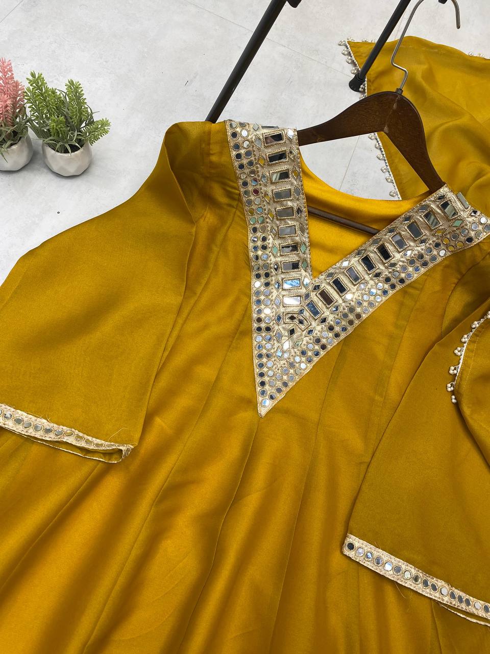 Yellow cosmos mirror with embroidery work top palazzo and dupatta