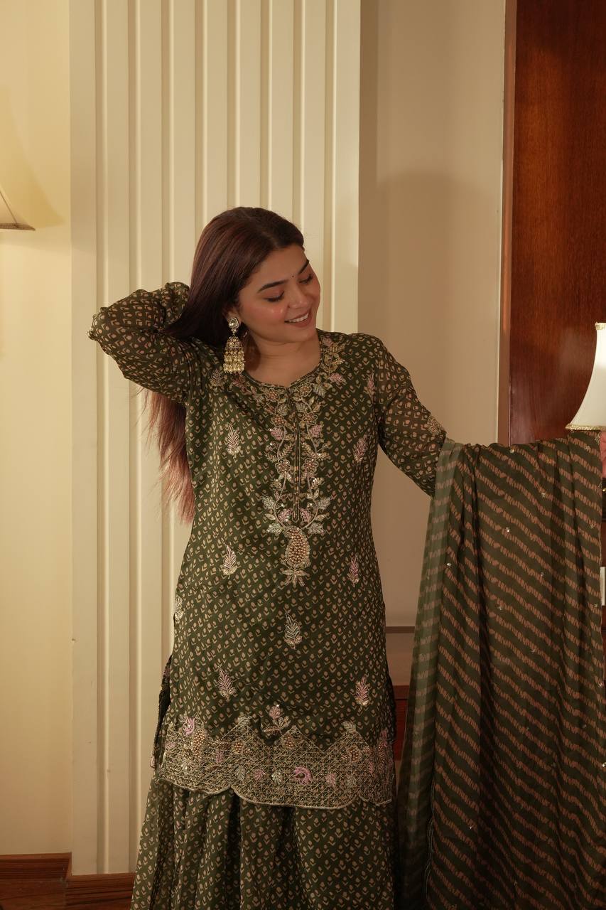 Mehndi printed chinon embroidery work kurti sharara and dupatta