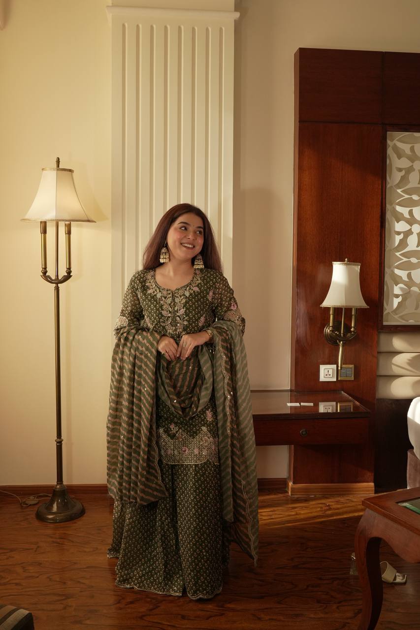 Mehndi printed chinon embroidery work kurti sharara and dupatta