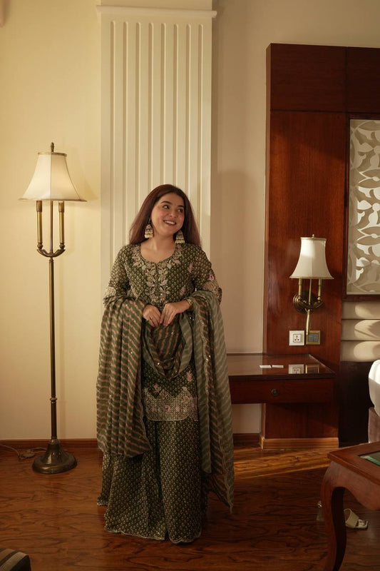 Mehndi printed chinon embroidery work kurti sharara and dupatta