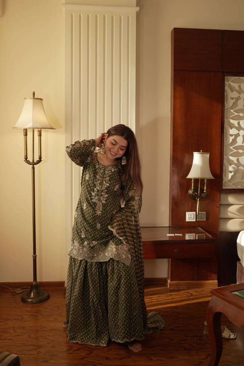 Mehndi printed chinon embroidery work kurti sharara and dupatta